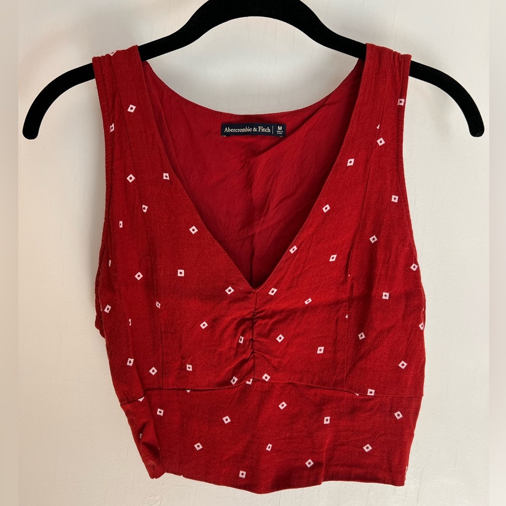 Abercrombie & Fitch Red Sleeveless V-Neck Crop Top with White Diamond Print
